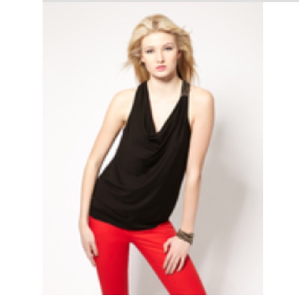 CYNTHIA STEFFE Black Cowl Neck Beaded Tank